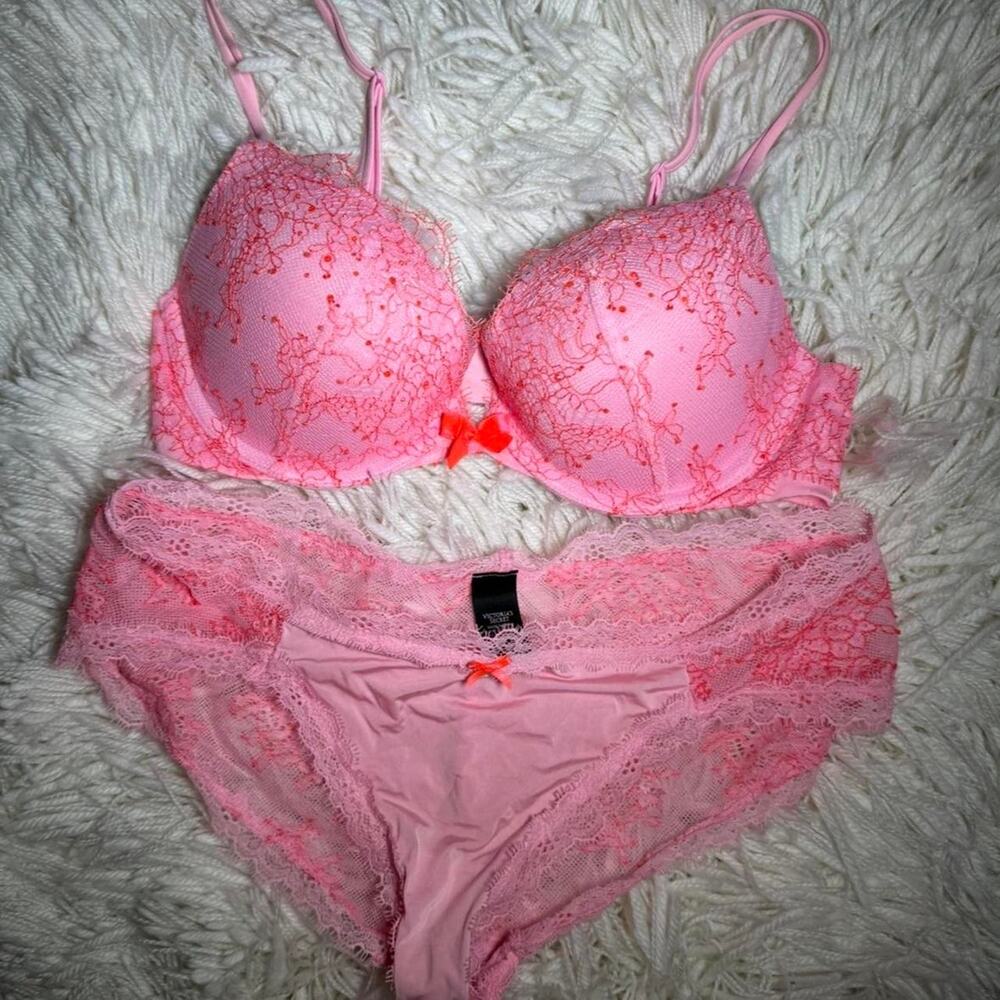 💥 Victoria's secret Pink Very Sexy Push-up 32C Panties Small Set Rhinestones D3